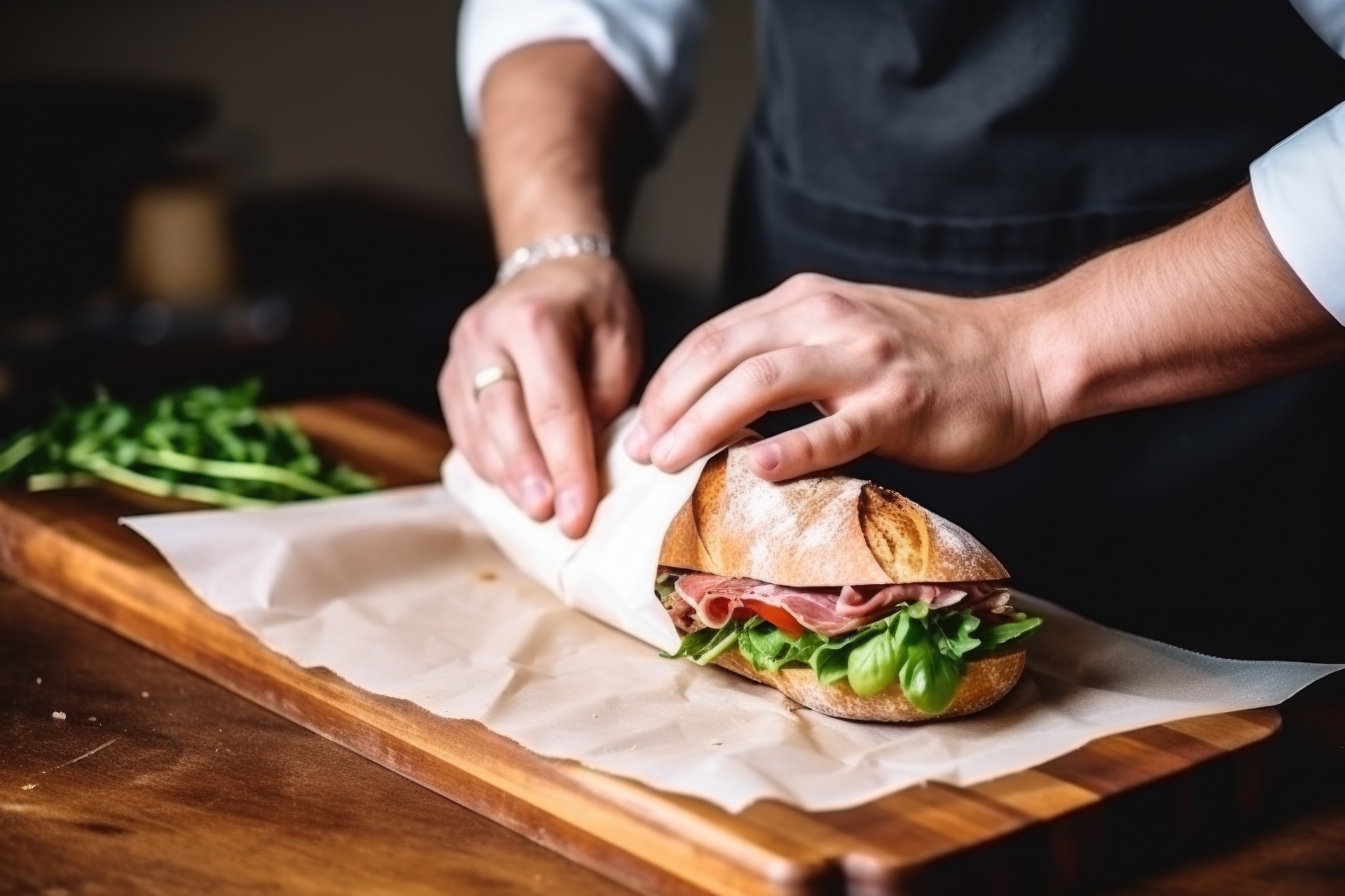 Baker wrapping a sandwich on artisan bread with cured meat, tomato, and greens
