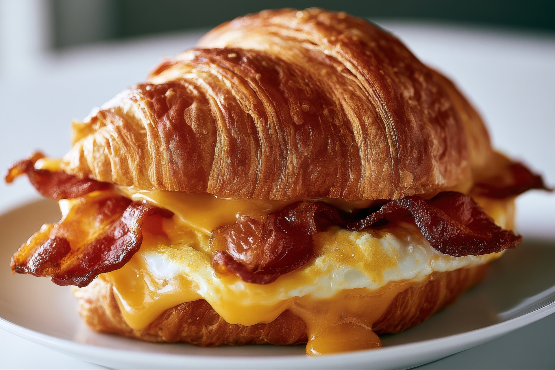 Croissant breakfast sandwich with egg, cheese, and bacon on a plate